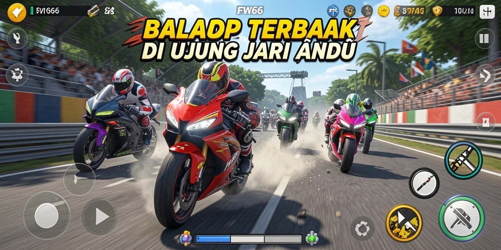 Gameplay seru FW66 dengan balap motor mendebarkan.