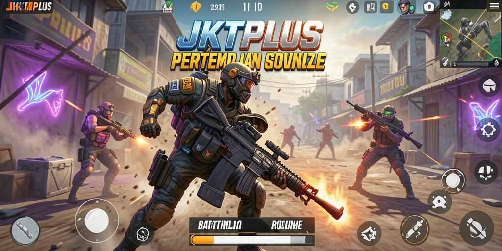 Tangkapan layar utama JKTPLUS menampilkan aksi pertempuran Battle Royale yang mendebarkan.