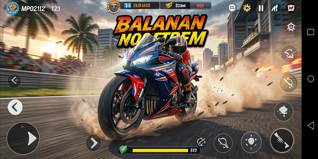 Tampilan utama gameplay MPO2121 dengan balap motor yang intens.