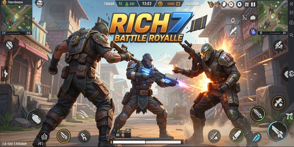 Screenshot utama RICH7 dengan aksi pertarungan sengit dalam mode Battle Royale.
