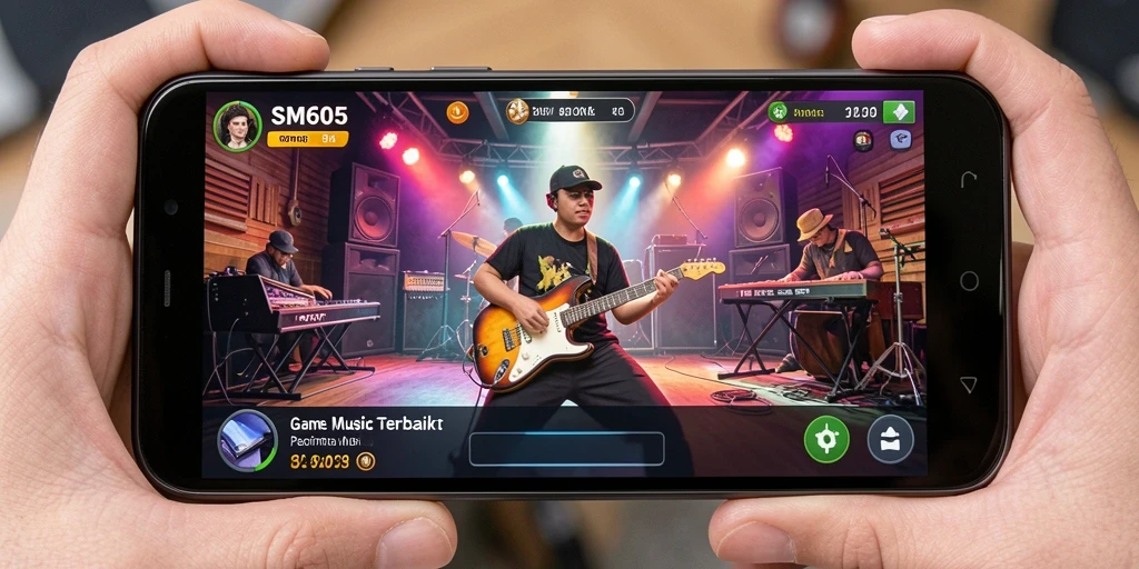Tampilan screenshot menunjukkan aksi seru gameplay SM605 dengan musik.