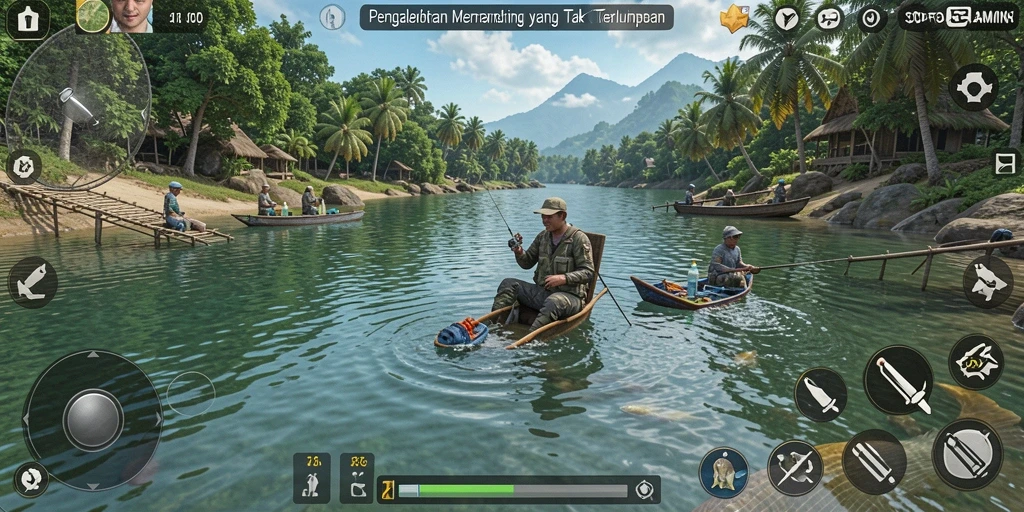Screenshot gameplay SOBATGAMING yang menampilkan aksi memancing yang seru.