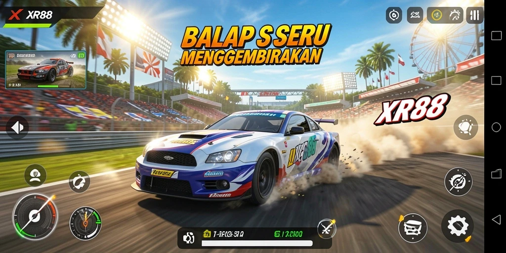 Screenshot gameplay XR88 yang menunjukkan mobil balap di trek.